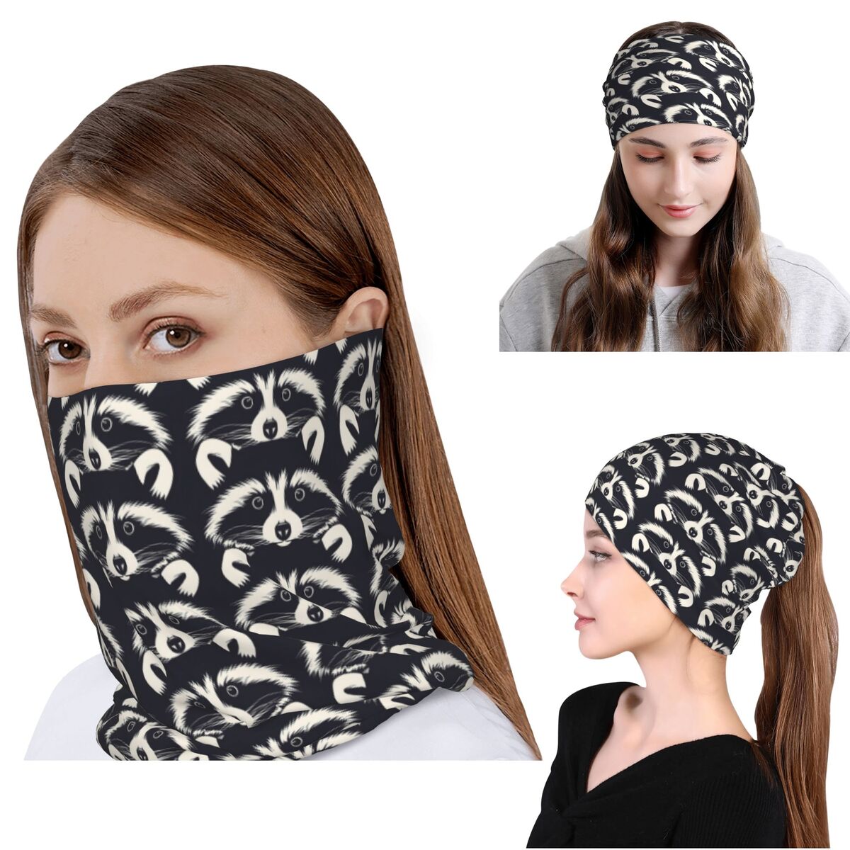Bandana Blank White - Black And White Raccoon Face Pattern