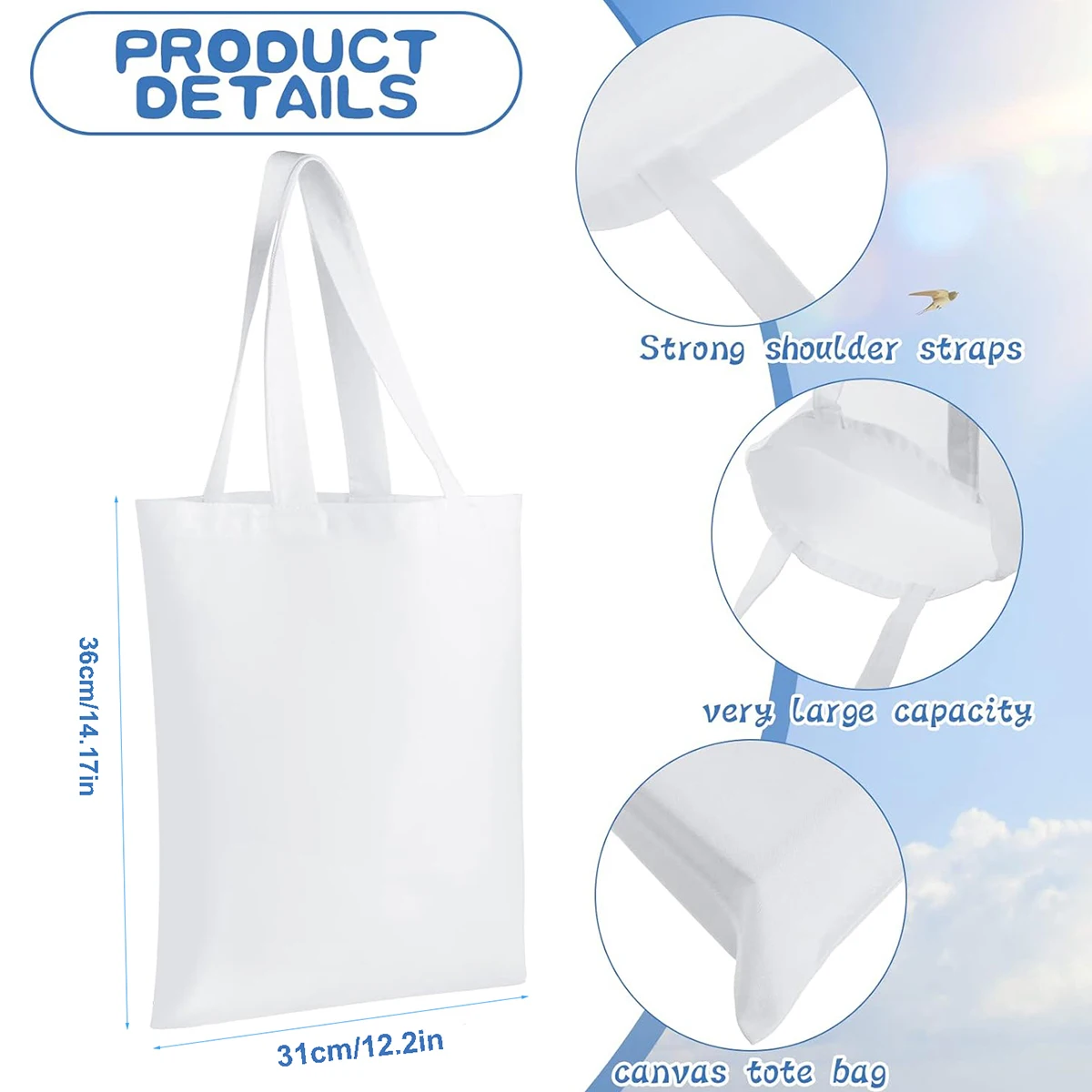 6pcs White Canvas Tote Bags, S - огляд і ціна Tote Bag Sublimation